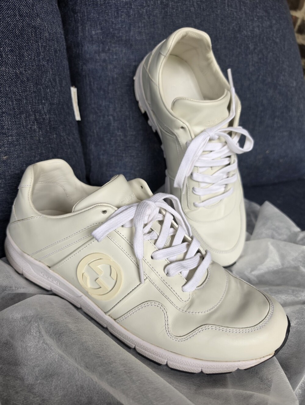 Authentic Gucci GG White Leather Men's Sneakers Shoes